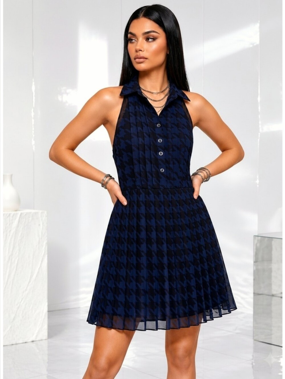 BCBGeneration Deep Blue Plaid Houndstooth Open-Back Mini Dress - Size 2